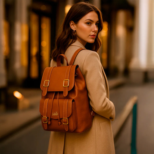 “Luce elegancia y poder con cada paso — descubre la Mochila Dama Cuero Vélez.”