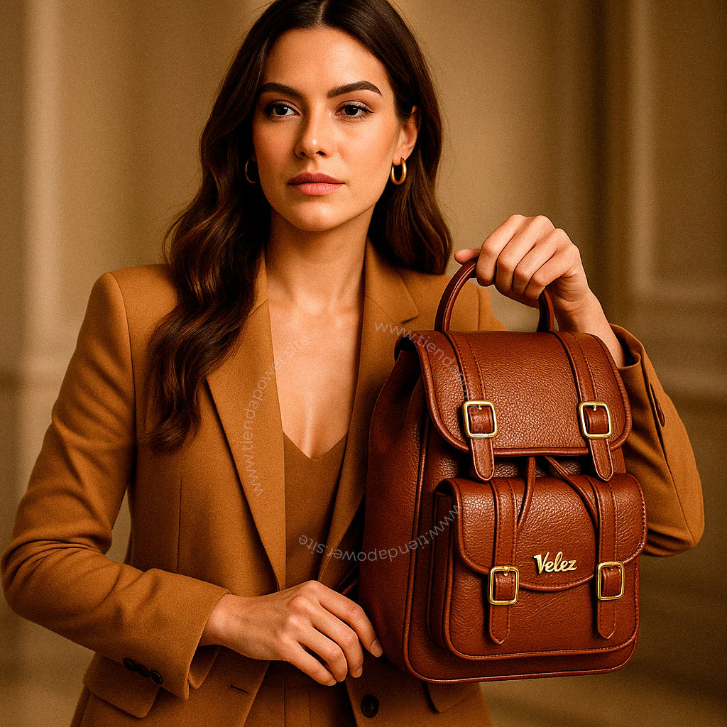 “Luce elegancia y poder con cada paso — descubre la Mochila Dama Cuero Vélez.”